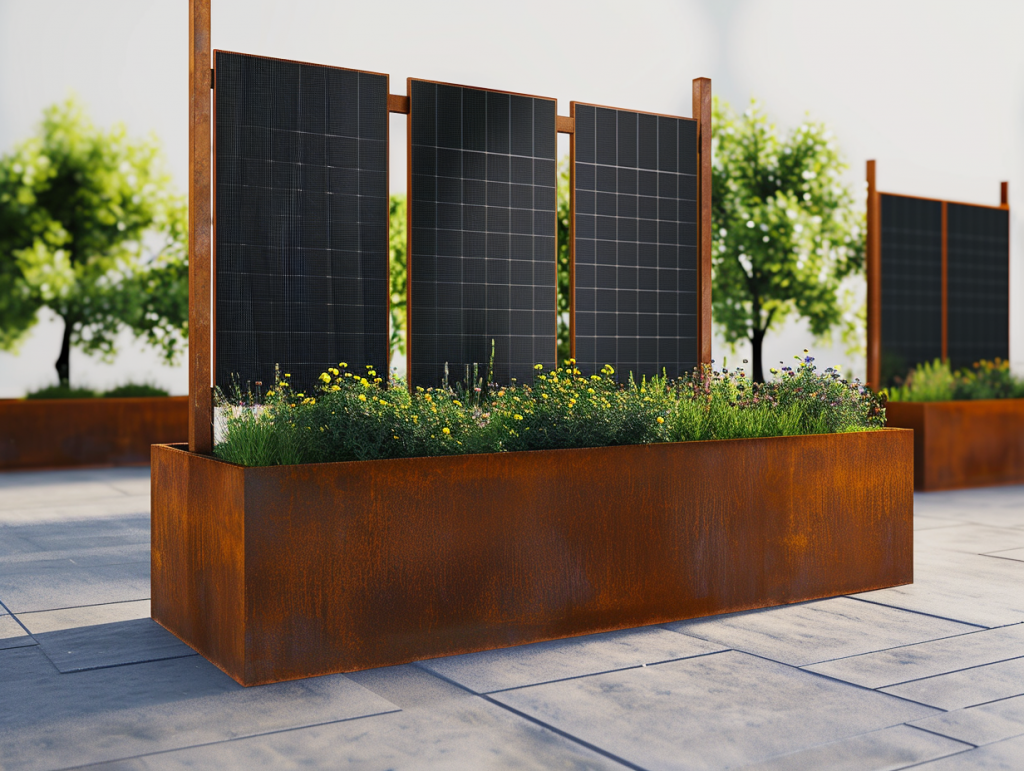 La SalvaTerra, La presenza di moduli fotovoltaici, standard o bifacciali, consente alla fioriera in corten di generare energia solare in modo efficiente, contribuendo alla sostenibilità.