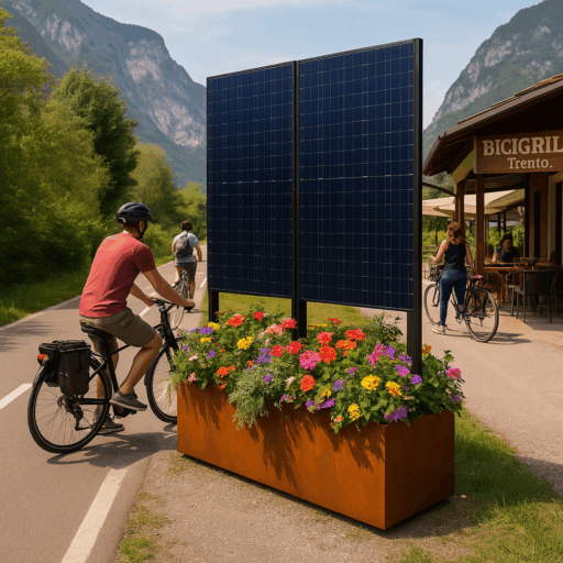 SalvaTerra Photovoltaik-Pflanzgefäß auf dem Radweg neben Trento Bicigrill mit Radfahrern im Transit installiert