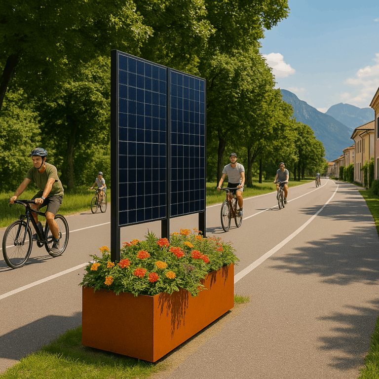 SalvaTerra, Solar-Pflanzgefäß für Stadtmobiliar, installiert auf einem Radweg in Trient mit Radfahrern im Transit
