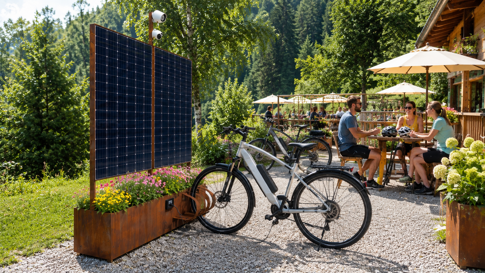 SalvaTerra Prime con pannelli fotovoltaici e bici elettrica in ricarica presso un’area outdoor di montagna con persone in pausa.