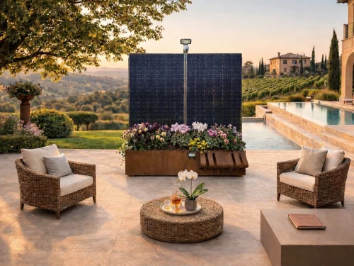 SalvaTerra photovoltaic planter installed on the panoramic terrace of a luxury hotel, featuring ornamental plants and an integrated vertical solar panel