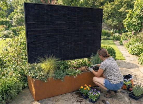 Person, die sich um einen Photovoltaik-Pflanzer SalvaTerra mit integriertem Solarmodul im Garten kümmert